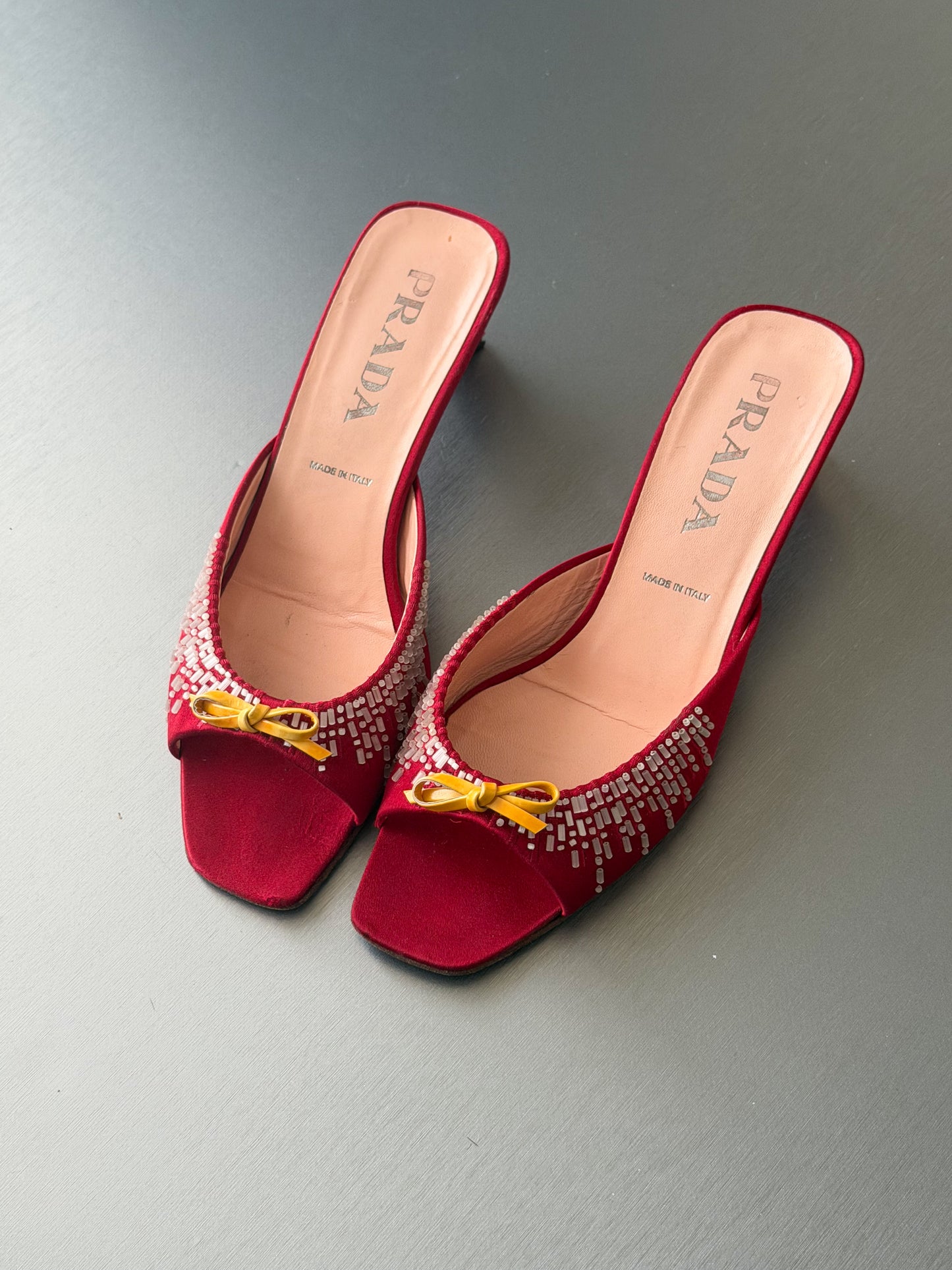 prada s/s 1999 red satin embellished mules