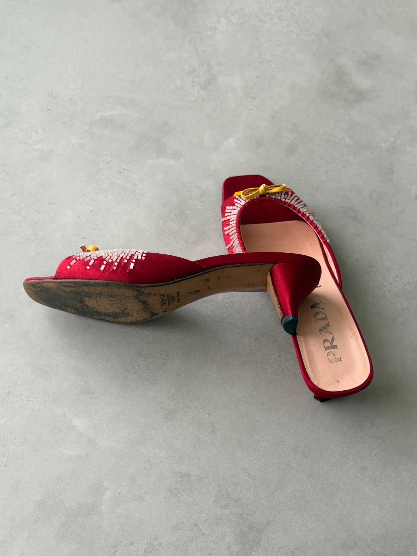 prada s/s 1999 red satin embellished mules