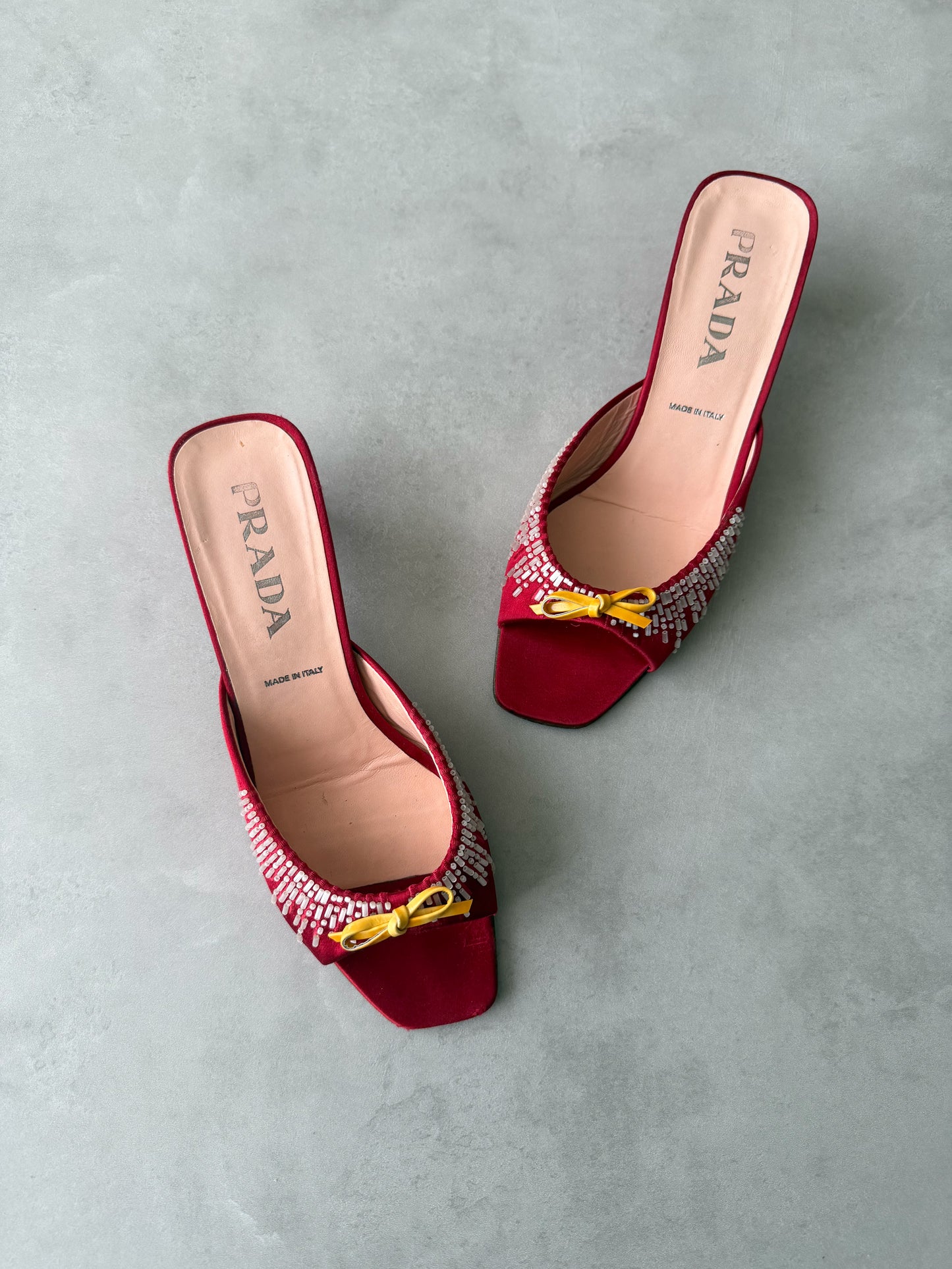prada s/s 1999 red satin embellished mules