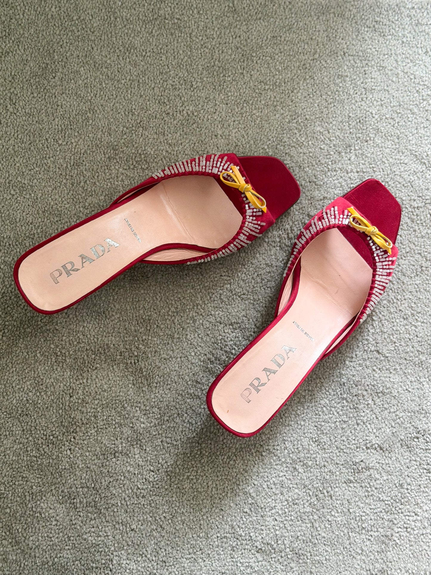 prada s/s 1999 red satin embellished mules