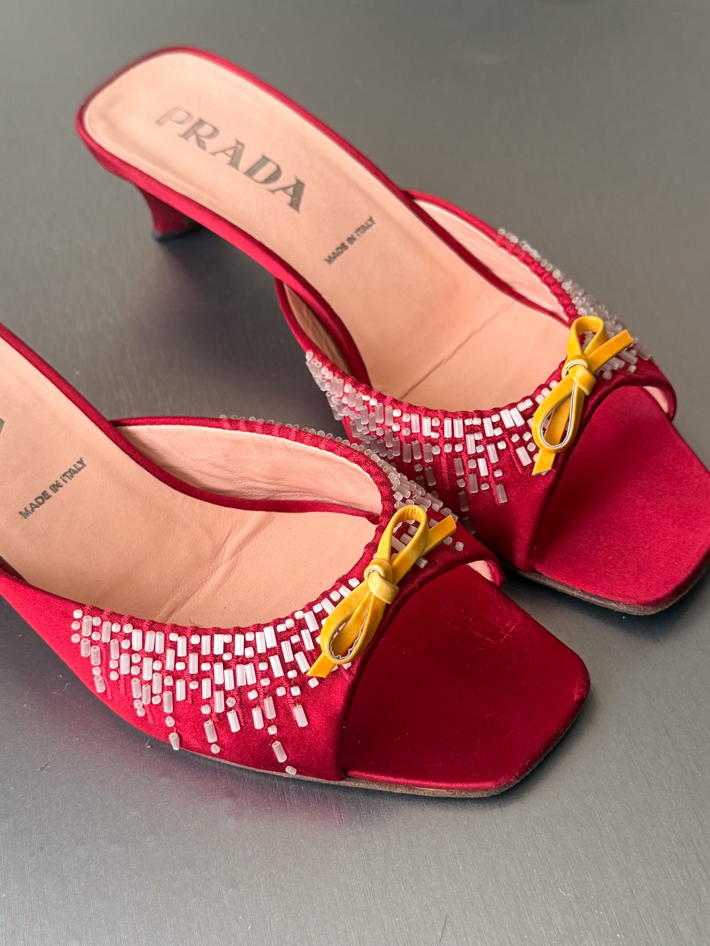 prada s/s 1999 red satin embellished mules
