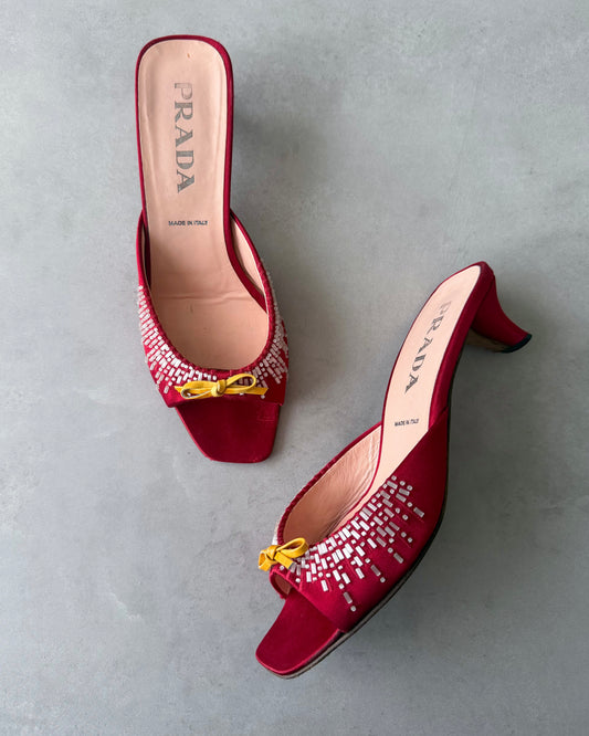 prada s/s 1999 red satin embellished mules